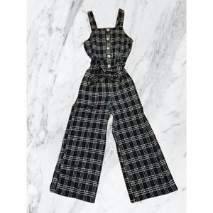 WOMENS American Eagle BUTTON-FRONT WIDE-LEG Size XS Jumpsuit Plaid Black